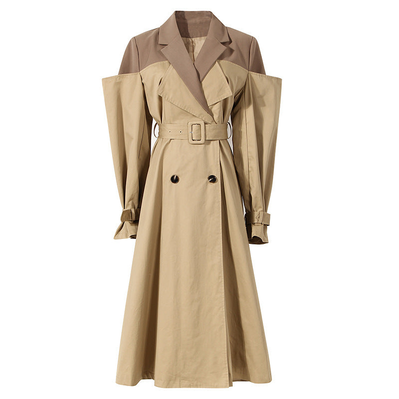 Two-color Knot Fake Two Pieces Suit Collar Trench Coat Female Dress