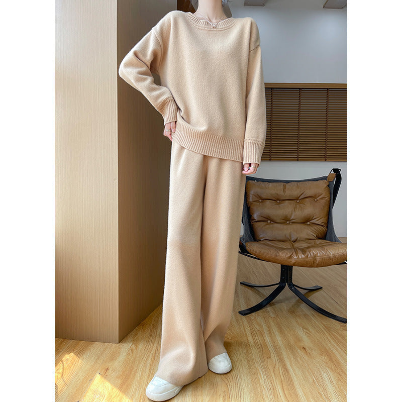 Australian Wool Round Neck Loose Western Style Sweater Straight-leg Pants Thickened Knitting Suit