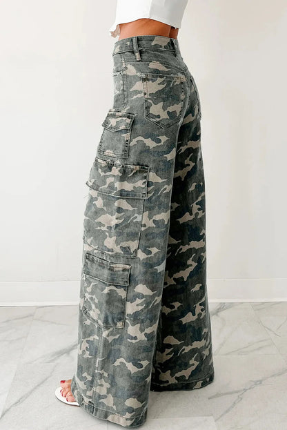 Green Camo Denim Cargo Wide Leg Pants