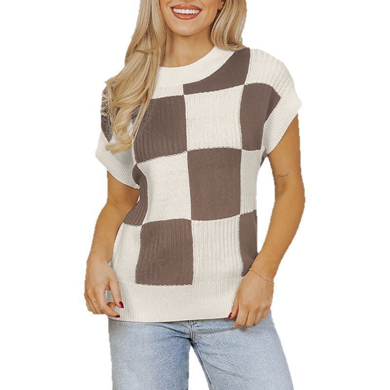 Women's Plaid Color Matching Knitted T-shirt