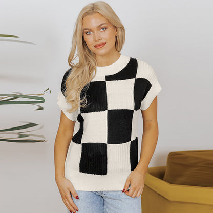 Women's Plaid Color Matching Knitted T-shirt