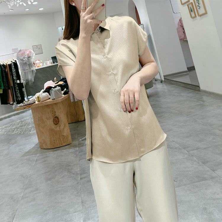 Pearl Satin Shirt Reverse Collar Single-breasted