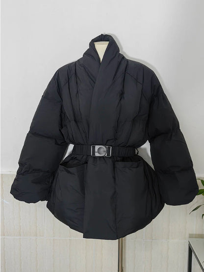 Retro Design Waist-tight Large Lapel Down Jacket Women