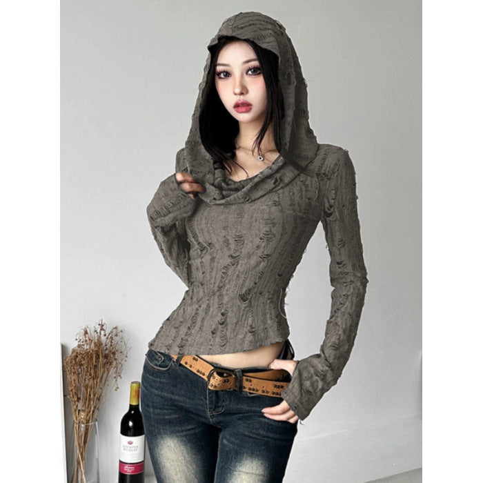 Hot Girl Waste Soil Style Hooded T-shirt Women's Autumn New