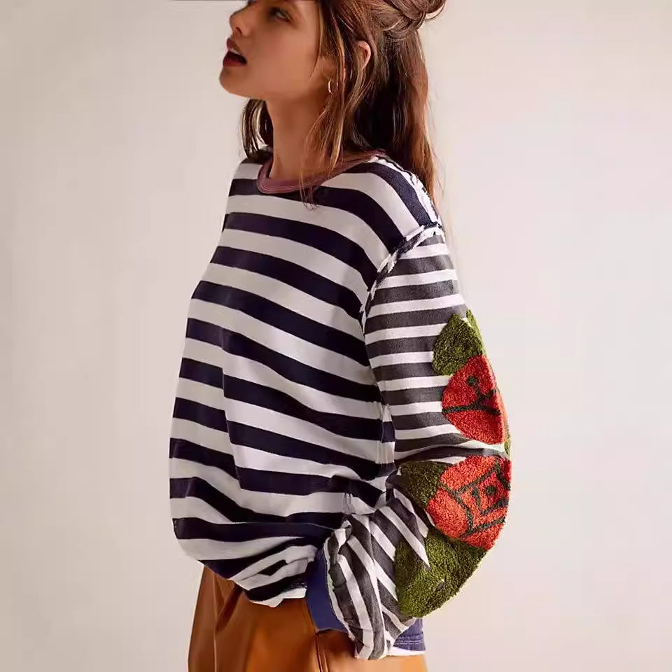 Women's Rose Thorn Towel Embroidery Sweater Striped Patchwork Sweater