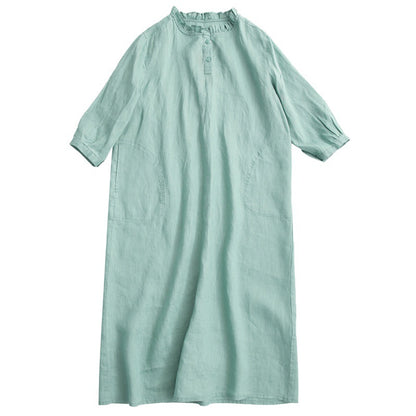 Soft Thin Linen Pure Linen Dress Wooden Ear Collar 7-point Sleeve Loose A- Line Skirt