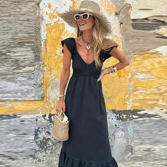 European And American Fashion Pleated V-neck Short Sleeve Dress