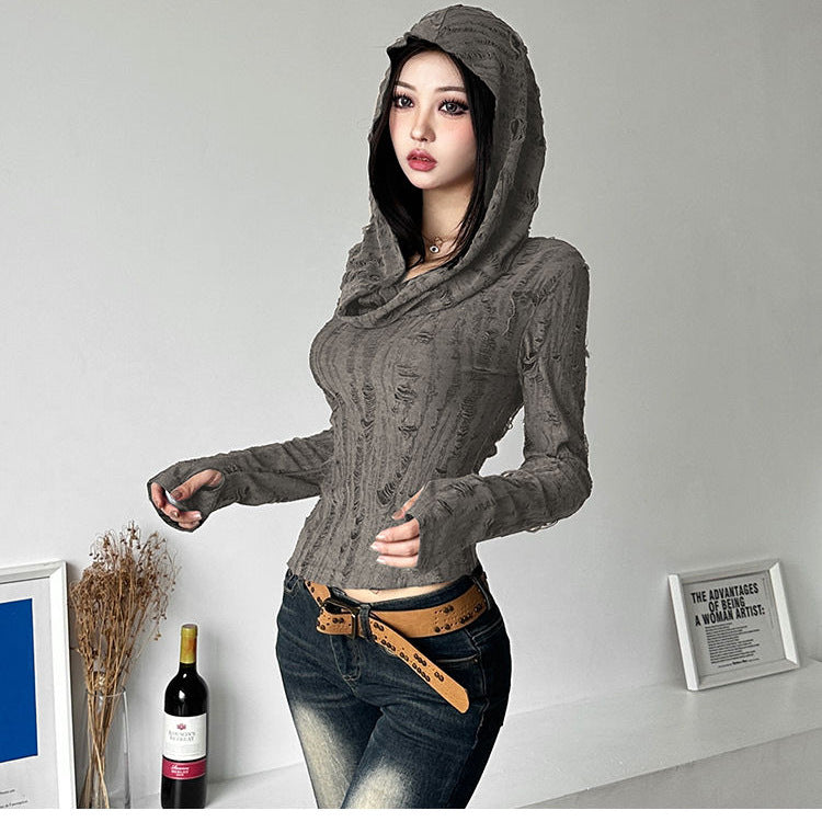 Hot Girl Waste Soil Style Hooded T-shirt Women's Autumn New