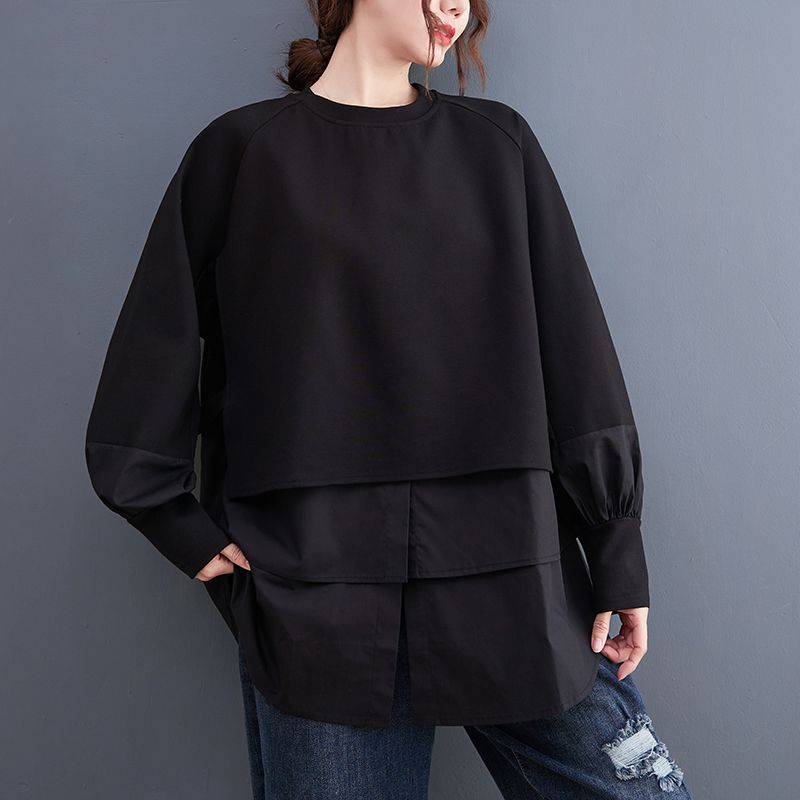 Autumn And Winter New Fake Two Pieces Contrast-color Stitching Sweatshirt