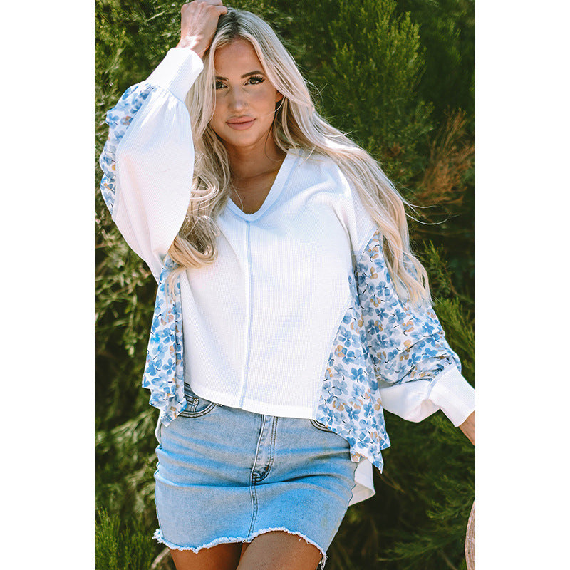 V-neck Long Sleeve Top Women Print Loose Women