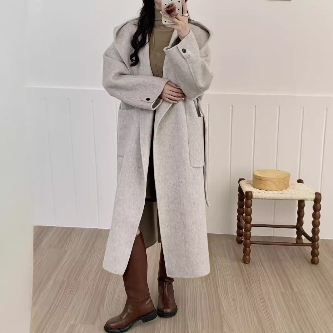 Solid Color Hooded Double-sided Wool Overcoat Women