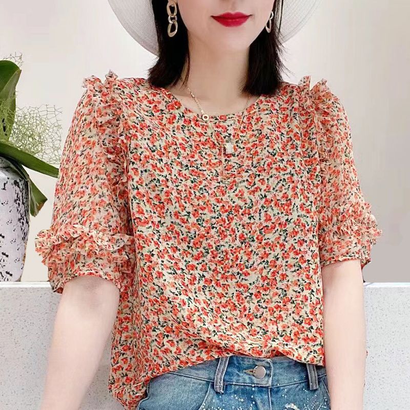 Summer New Pleated Loose Floral Blouse Top