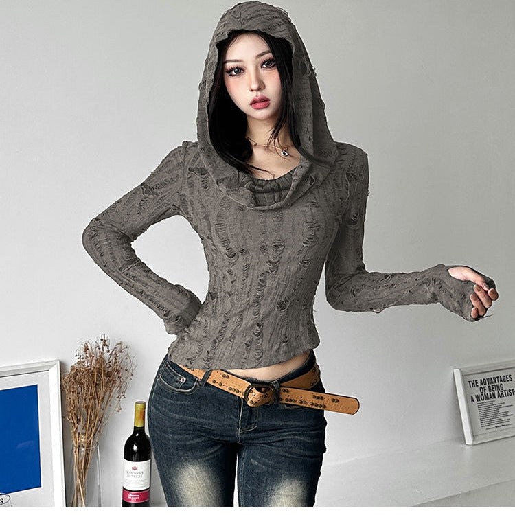 Hot Girl Waste Soil Style Hooded T-shirt Women's Autumn New