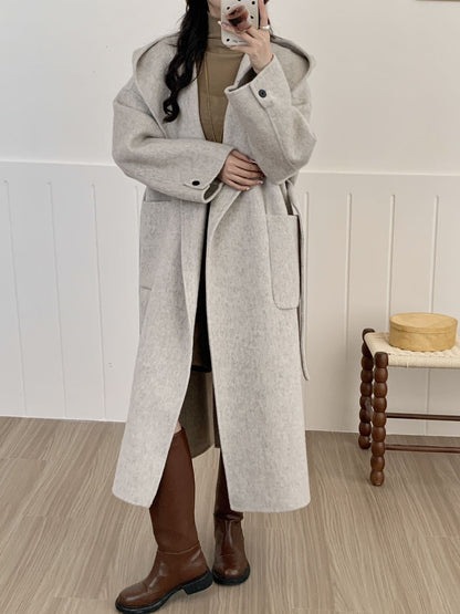 Solid Color Hooded Double-sided Wool Overcoat Women