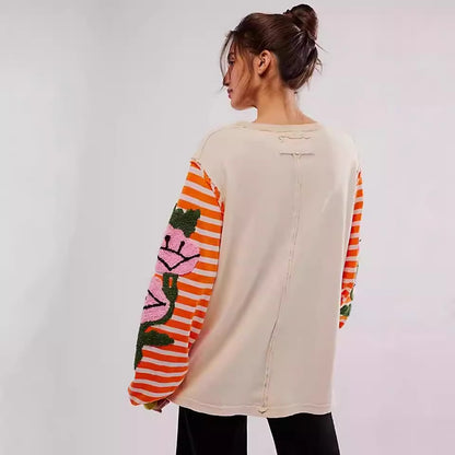 Women's Rose Thorn Towel Embroidery Sweater Striped Patchwork Sweater