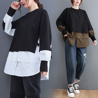 Autumn And Winter New Fake Two Pieces Contrast-color Stitching Sweatshirt