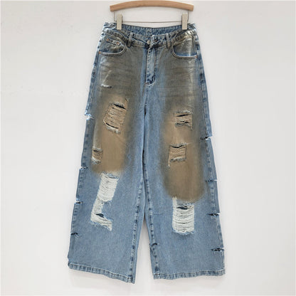 Retro Washed And Worn Loose Hole Wide Leg Mopping Hot Girl Jeans For Women