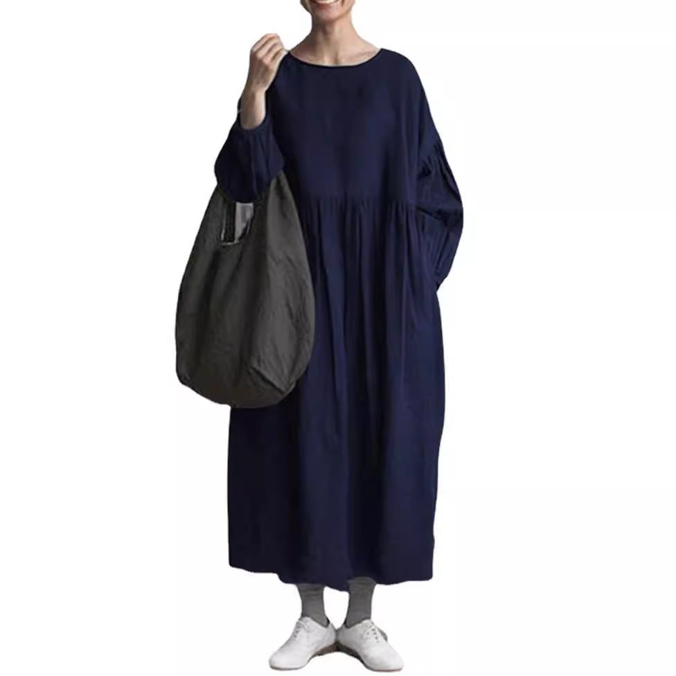 Round Neck Long Sleeve Cotton Linen Long Patchwork Dress