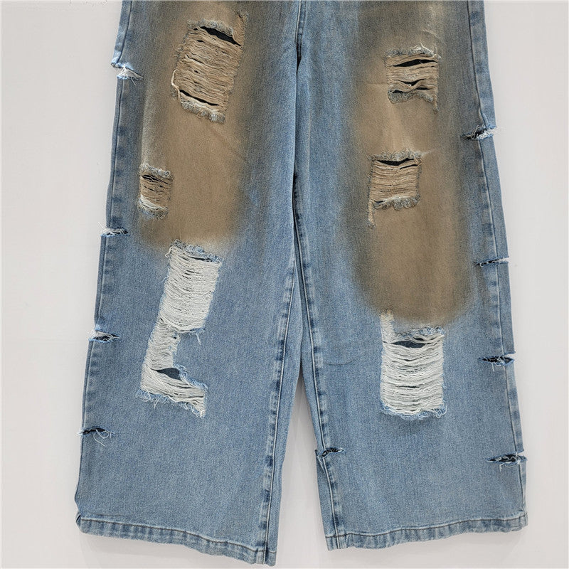 Retro Washed And Worn Loose Hole Wide Leg Mopping Hot Girl Jeans For Women