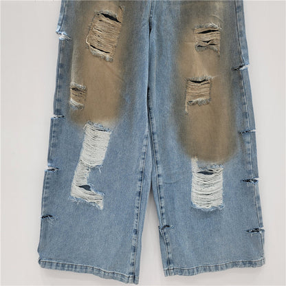 Retro Washed And Worn Loose Hole Wide Leg Mopping Hot Girl Jeans For Women