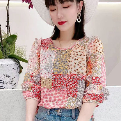 Summer New Pleated Loose Floral Blouse Top