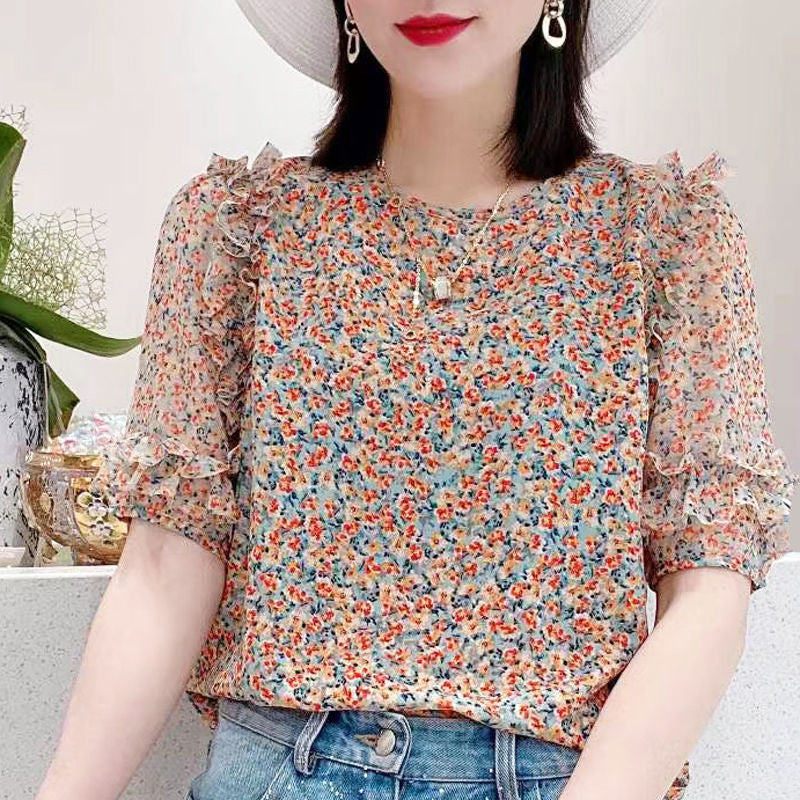 Summer New Pleated Loose Floral Blouse Top