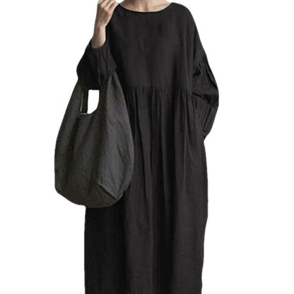 Round Neck Long Sleeve Cotton Linen Long Patchwork Dress