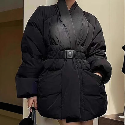 Retro Design Waist-tight Large Lapel Down Jacket Women