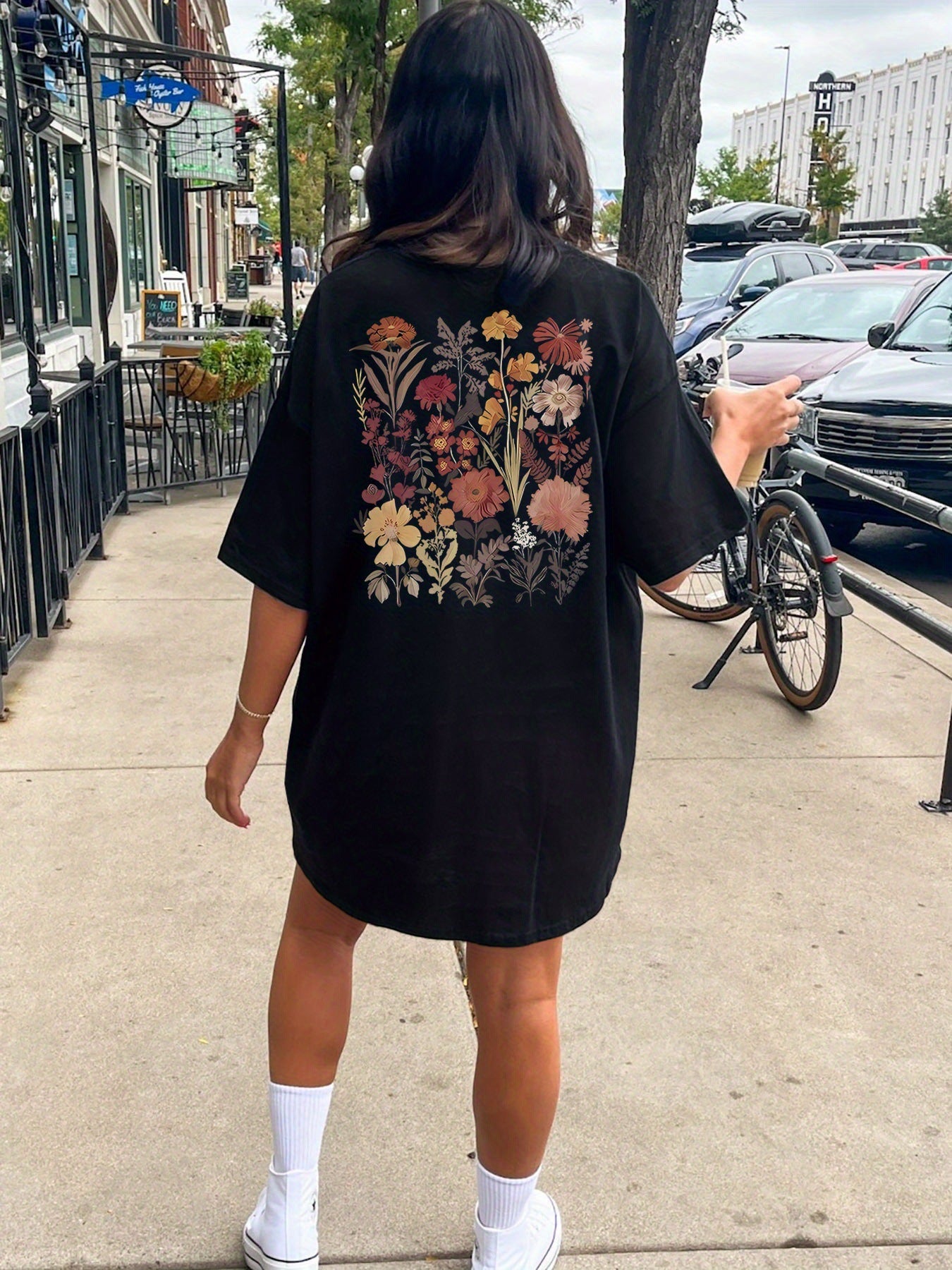 Floral Print Crew Neck Tee Dress Casual Short Sleeve Dress