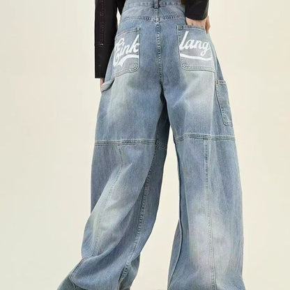 Washed Wide-leg Overalls Casual Straight-leg Long Pants American High Street Printed Jeans For Women