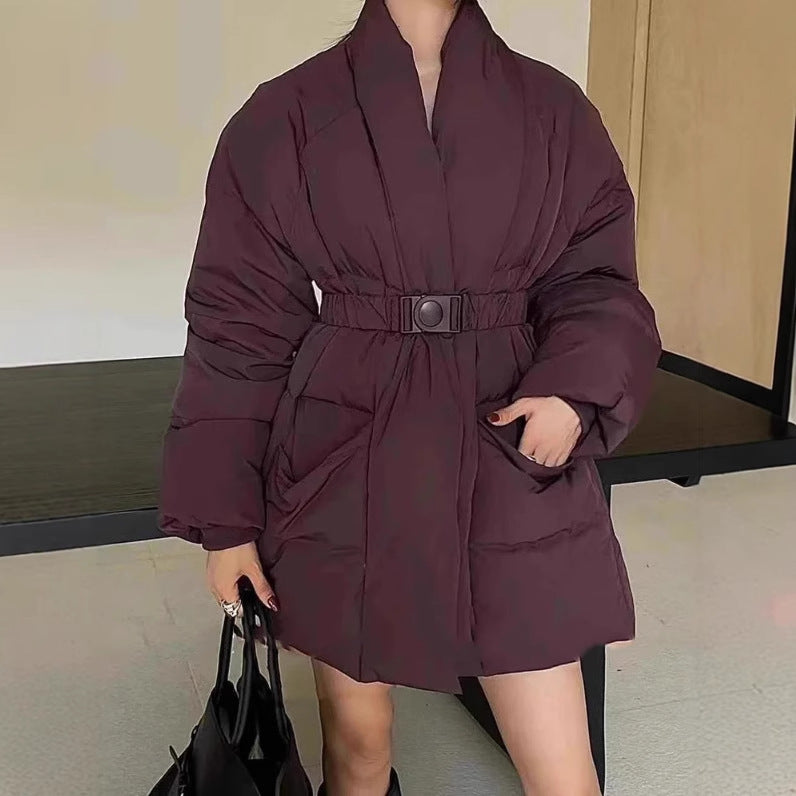 Retro Design Waist-tight Large Lapel Down Jacket Women