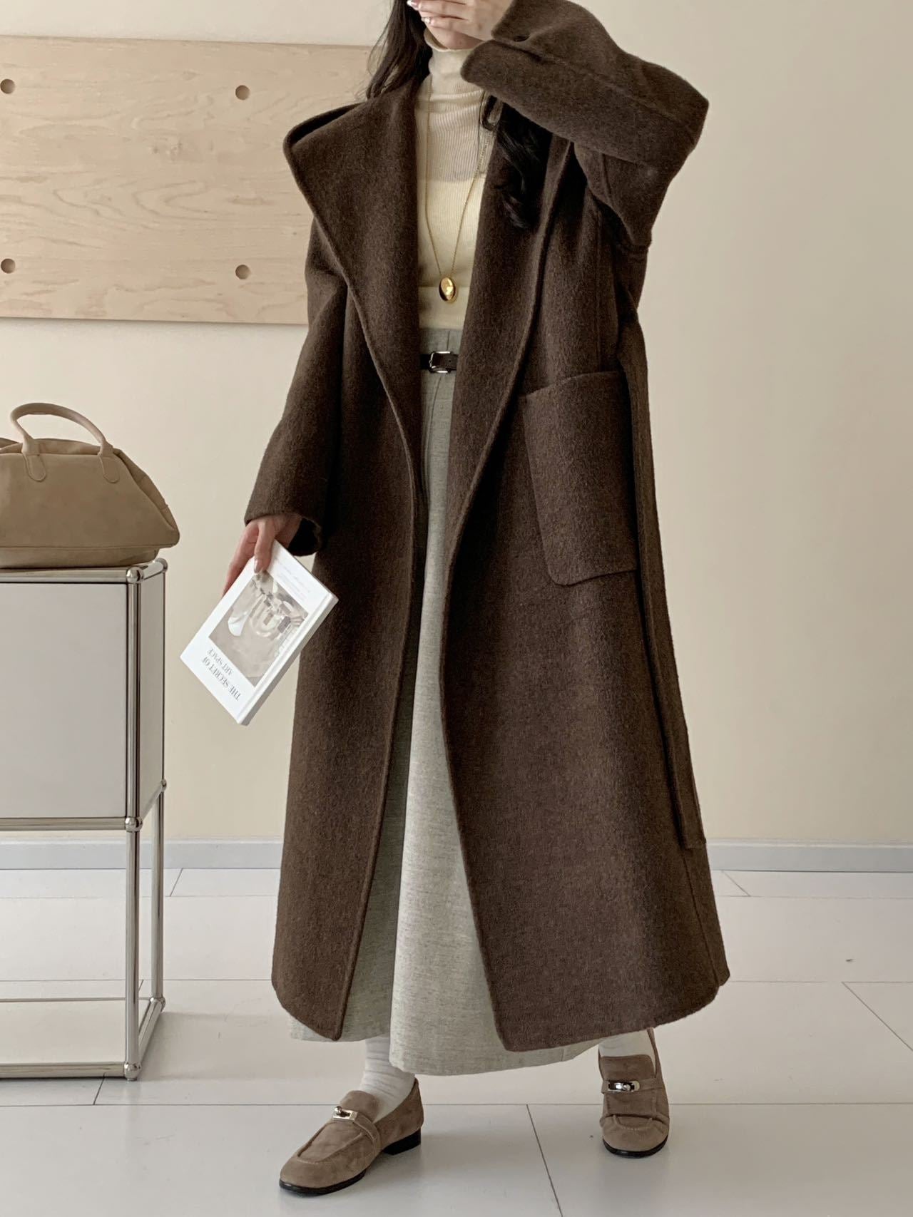 Solid Color Hooded Double-sided Wool Overcoat Women