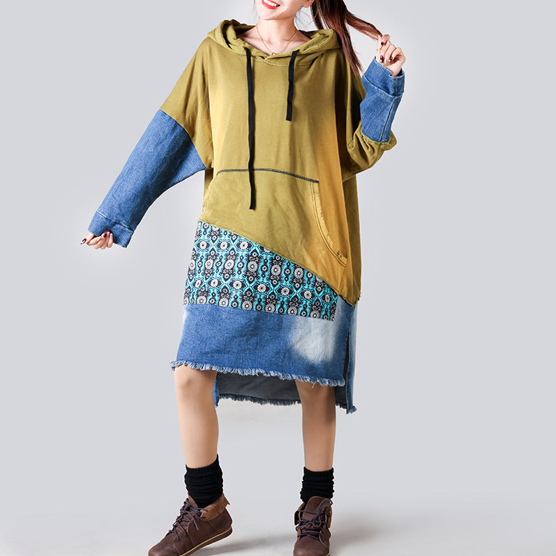 New Patchwork Plus Size Hooded Sweater Mid-length Women