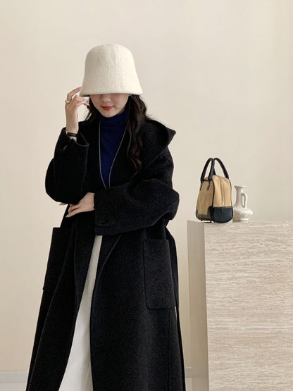 Solid Color Hooded Double-sided Wool Overcoat Women