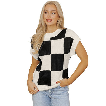 Women's Plaid Color Matching Knitted T-shirt