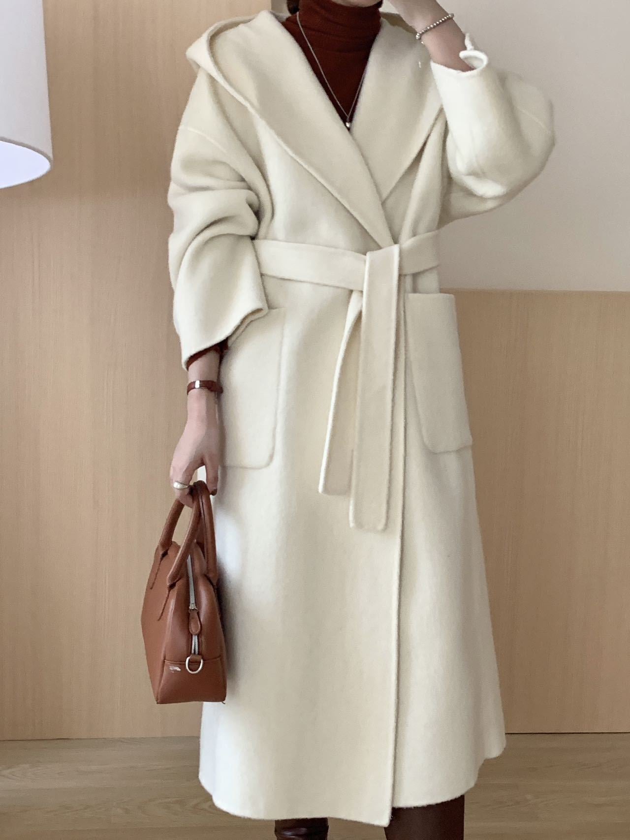 Solid Color Hooded Double-sided Wool Overcoat Women