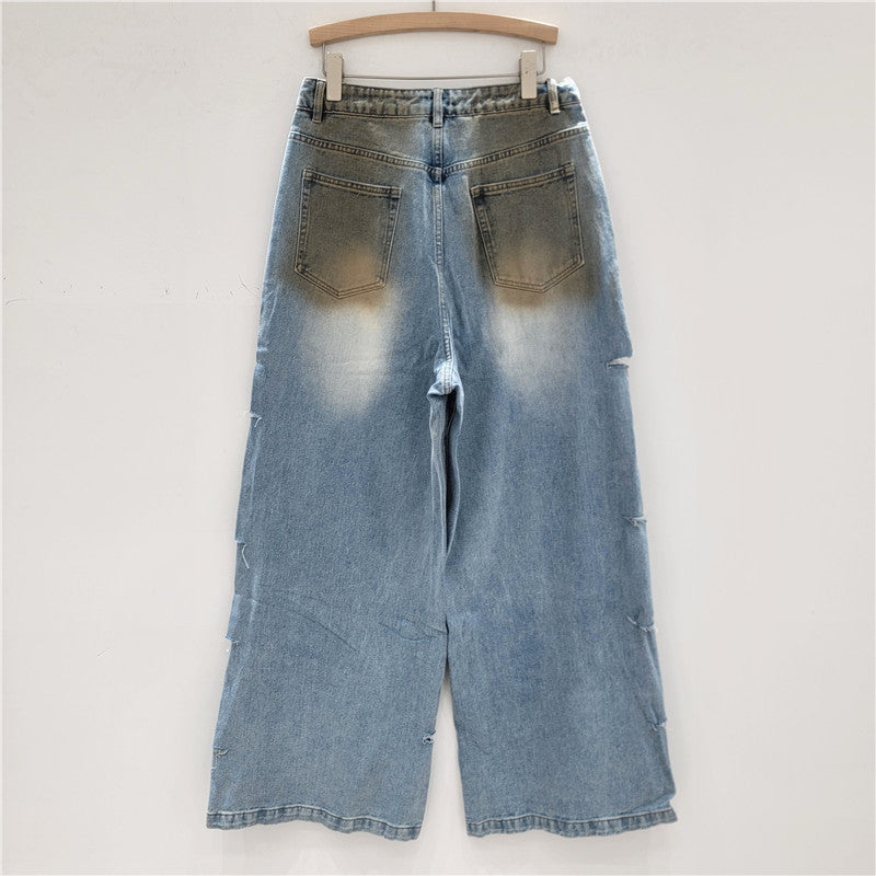 Retro Washed And Worn Loose Hole Wide Leg Mopping Hot Girl Jeans For Women