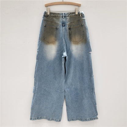 Retro Washed And Worn Loose Hole Wide Leg Mopping Hot Girl Jeans For Women