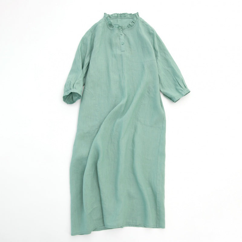 Soft Thin Linen Pure Linen Dress Wooden Ear Collar 7-point Sleeve Loose A- Line Skirt