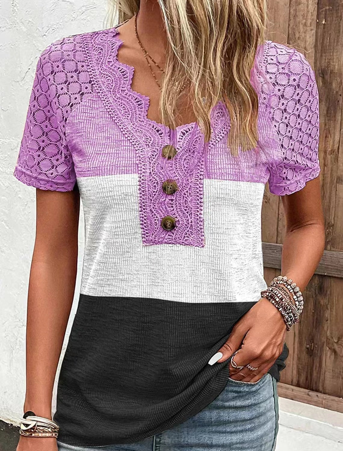 Women's Casual Lace Patchwork Short-sleeved T-shirt