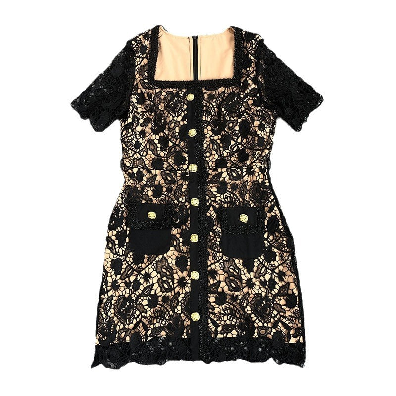 Square Collar Short Sleeve Lace Mini Dress