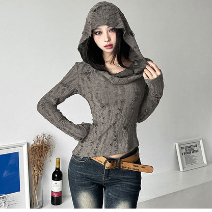 Hot Girl Waste Soil Style Hooded T-shirt Women's Autumn New