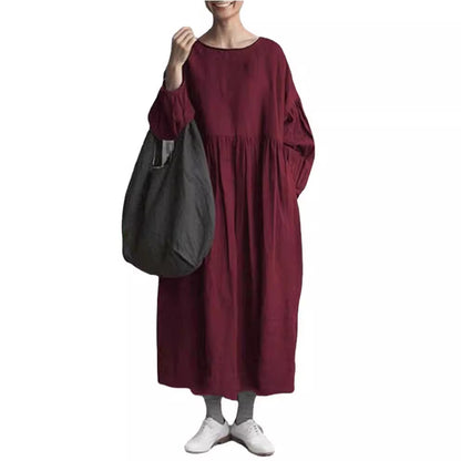 Round Neck Long Sleeve Cotton Linen Long Patchwork Dress