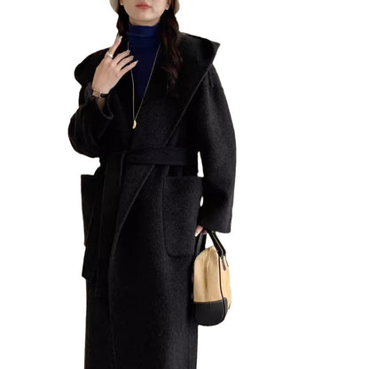 Solid Color Hooded Double-sided Wool Overcoat Women