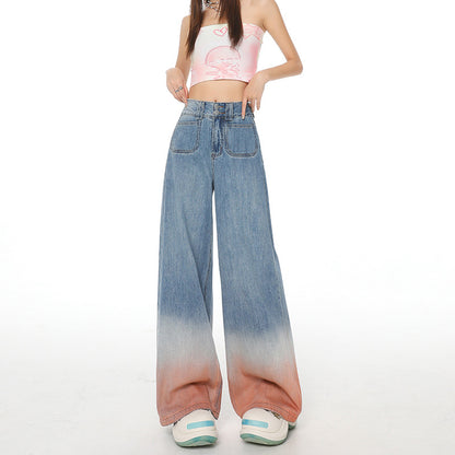 Gradient Color High Waist Wide Leg Jeans For Women Loose-fitting Mopping Pants