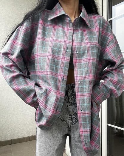 Women's Retro Easy Matching Lapel Loose Plaid Long-sleeved Shirt