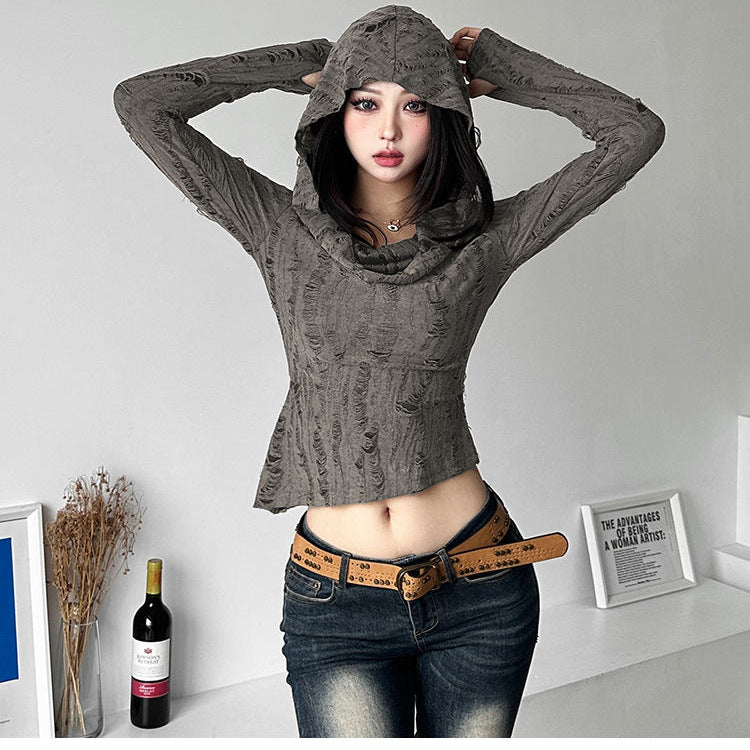 Hot Girl Waste Soil Style Hooded T-shirt Women's Autumn New