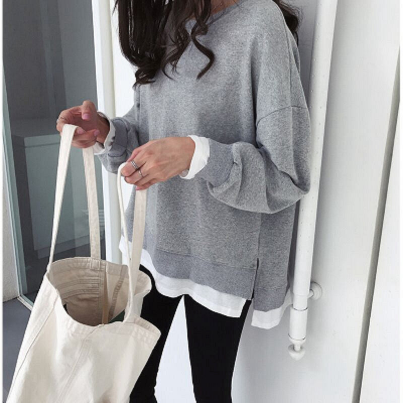 Gray With Slit Sweater Versatile Mid-length Two-piece Casual Top