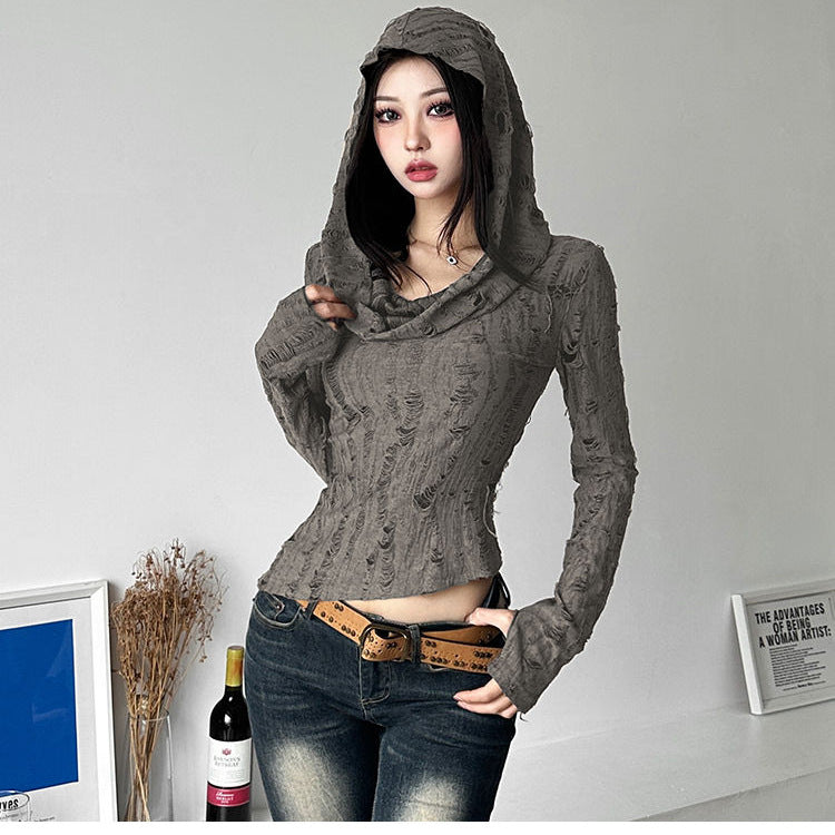 Hot Girl Waste Soil Style Hooded T-shirt Women's Autumn New