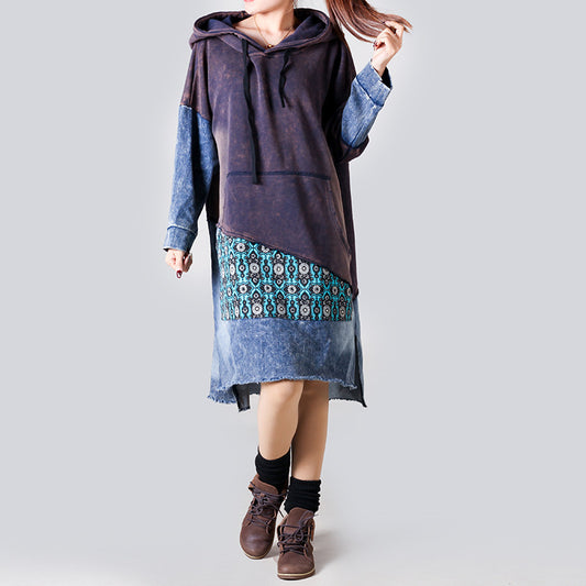 New Patchwork Plus Size Hooded Sweater Mid-length Women